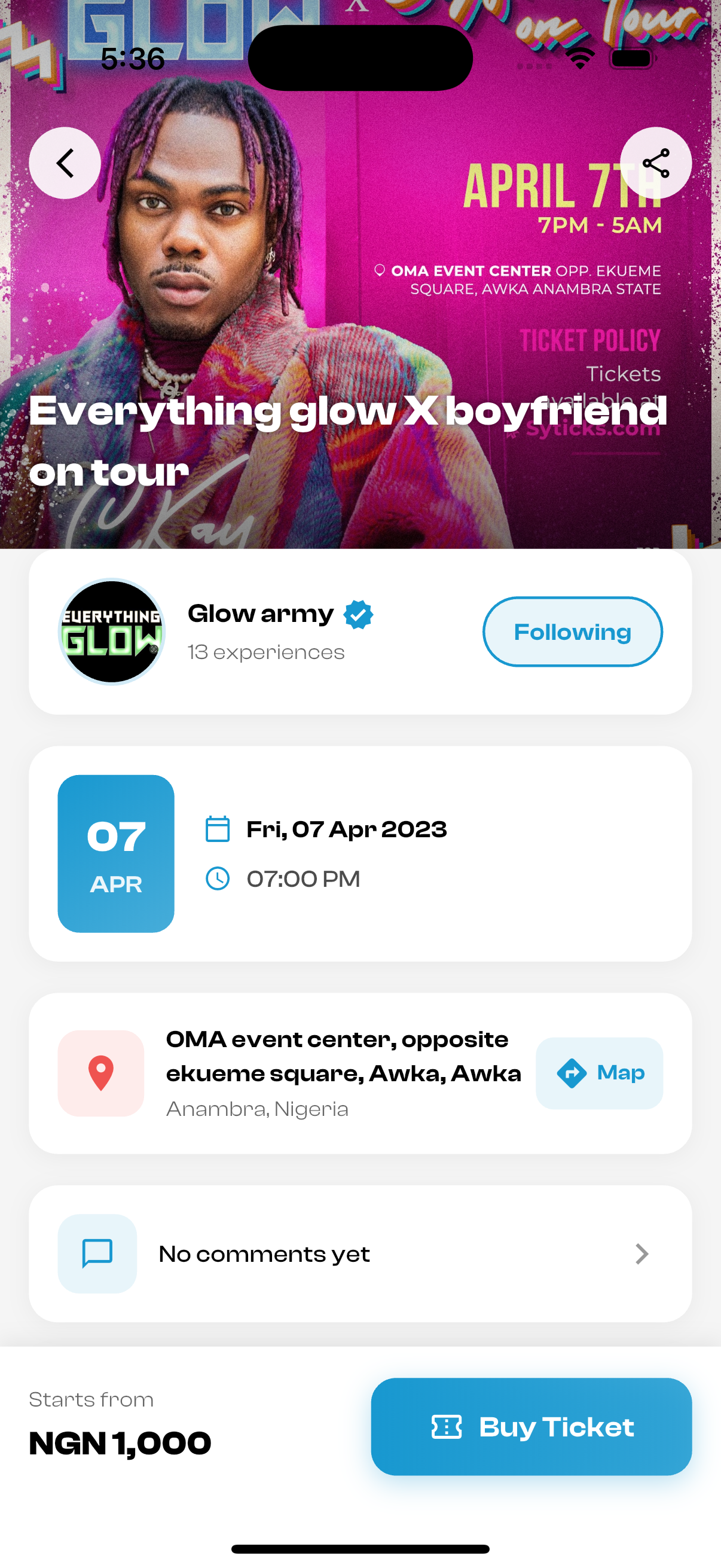 Syticks app event detail page showing ticket tiers
