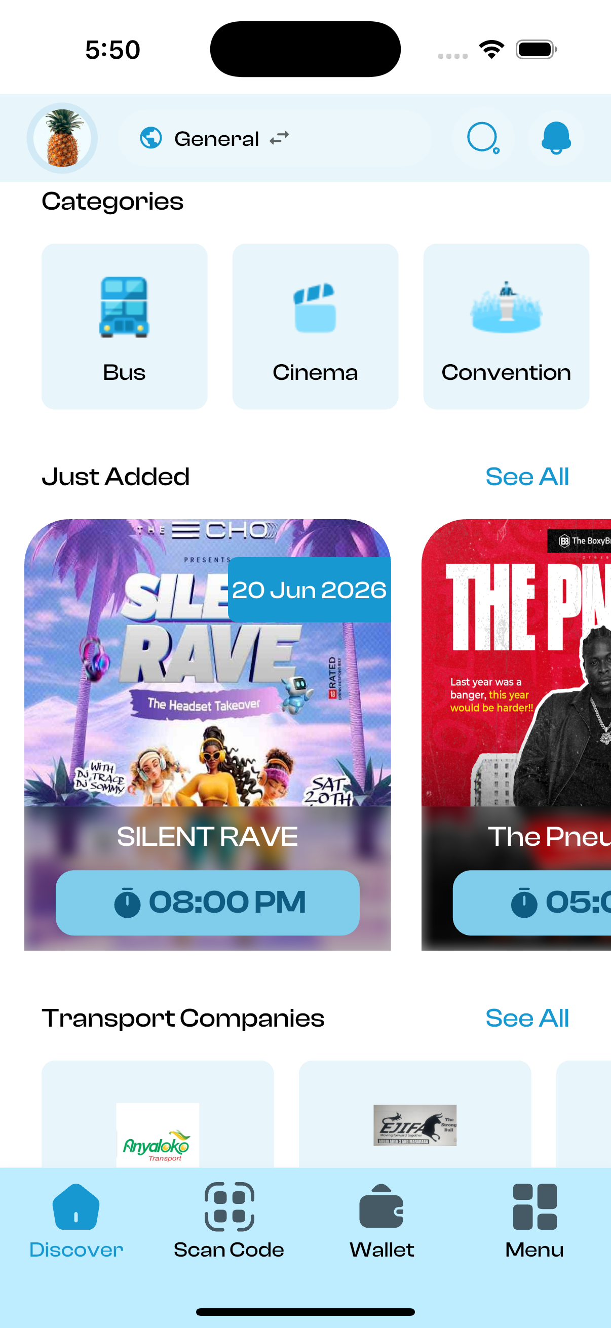 Syticks app home screen showing Events, Cinema, Transport and Hotels